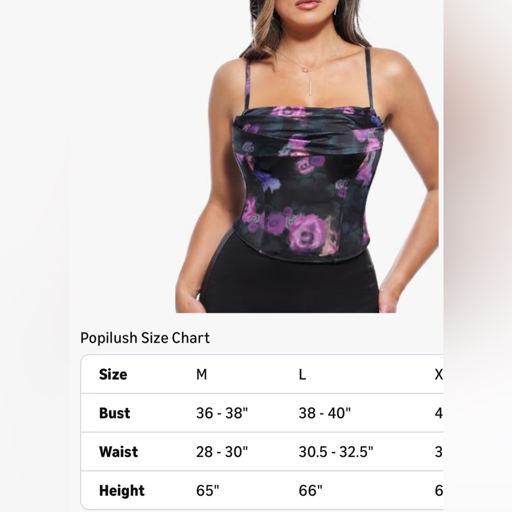 floral Satin Cowl Neck Corset Top - Black & Purple. popilush new no tags medium - Picture 2 of 3